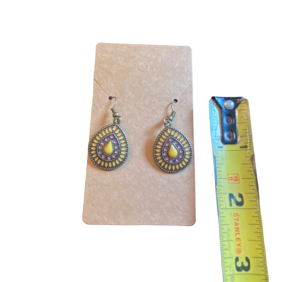 Boho Style Antique Gold Yellow and Purple  Teardrop Drop Earrings - Picture 4 of 4